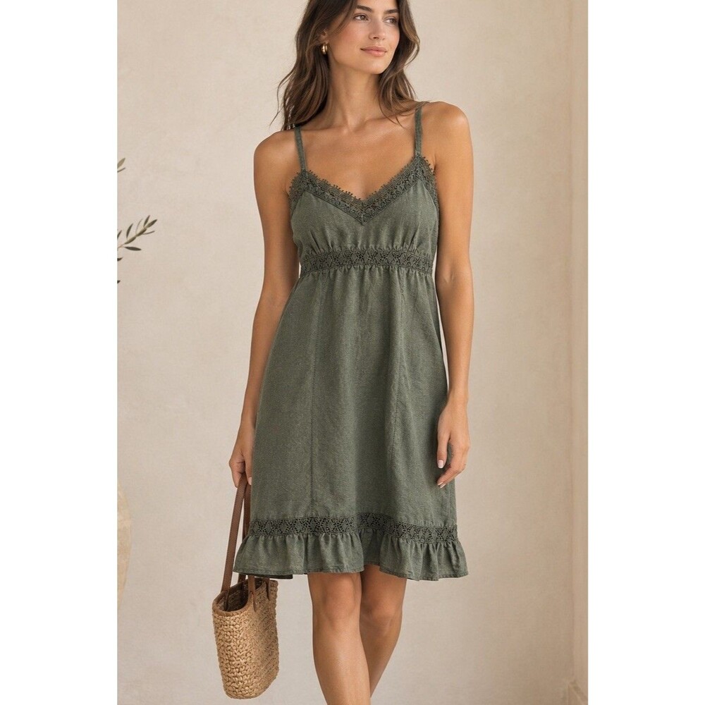 Converse One Star Sage Green Linen Blend Lace Trim Mini Dress Medium Y2K